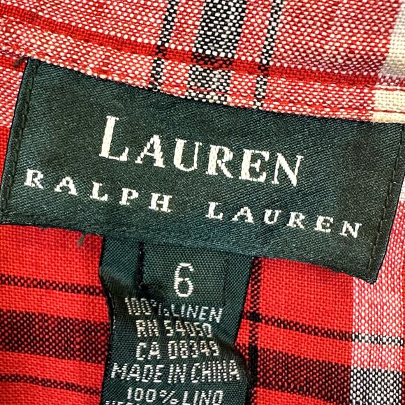 Lauren Ralph Lauren Women's Size 6 100% Linen Cropped Tie Wrap Top Red Plaid - Picture 2 of 5